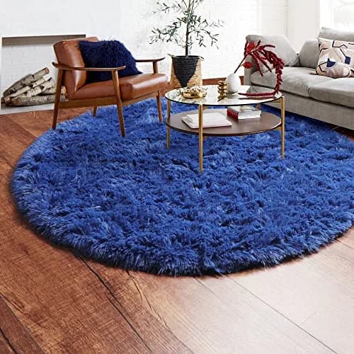 ONASAR Navy Blue Fluffy Round Rug 4ft | Soft Plush Kids Bedroom Decor thumbnail 9