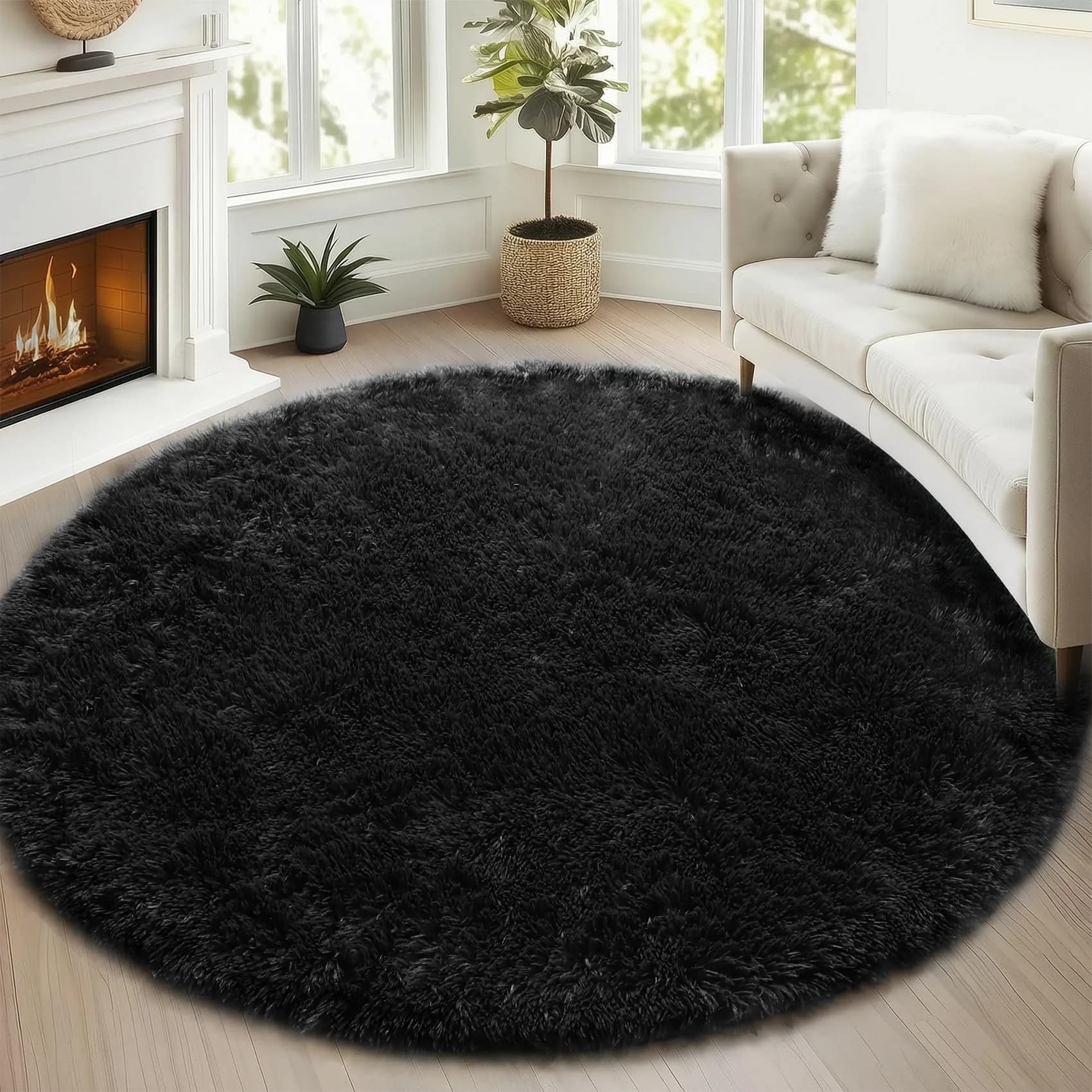 ONASAR Navy Blue Fluffy Round Rug 4ft | Soft Plush Kids Bedroom Decor — Black
