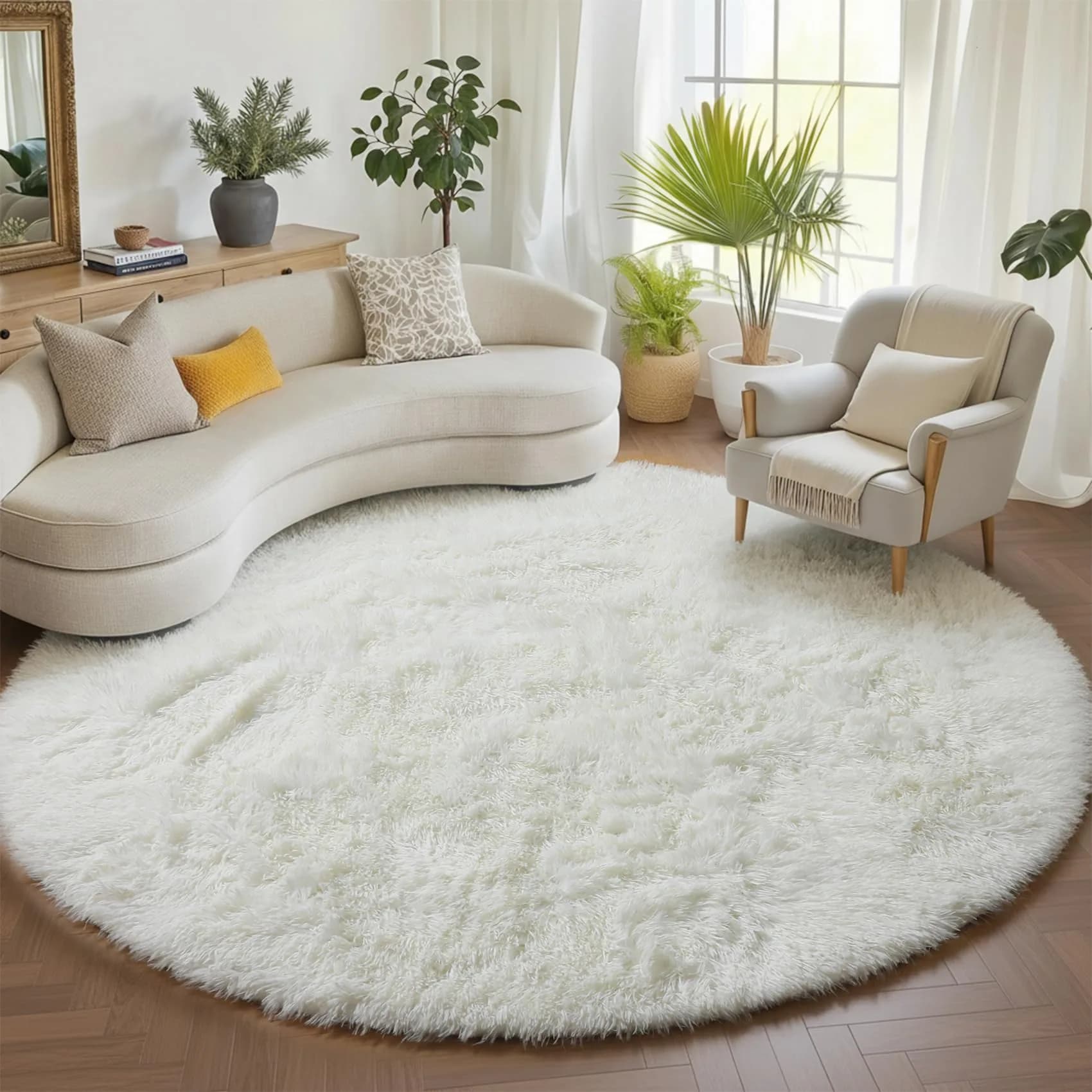 ONASAR Cream White Round Area Rug 6ft | Fluffy Plush Floor Mat for Kids & Home (100-120c)