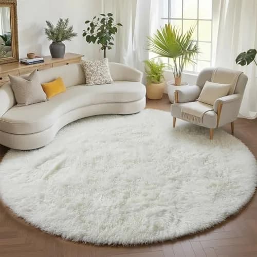 ONASAR Cream White Round Area Rug 6ft | Fluffy Plush Floor Mat for Kids & Home (100-120c) thumbnail 1
