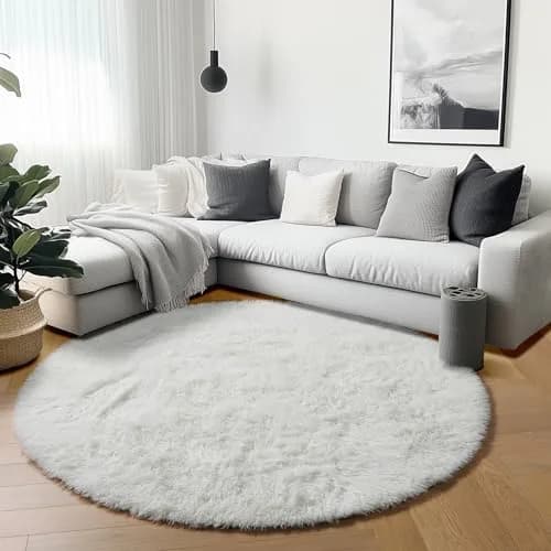 ONASAR Cream White Round Area Rug 6ft | Fluffy Plush Floor Mat for Kids & Home (100-120c) thumbnail 4