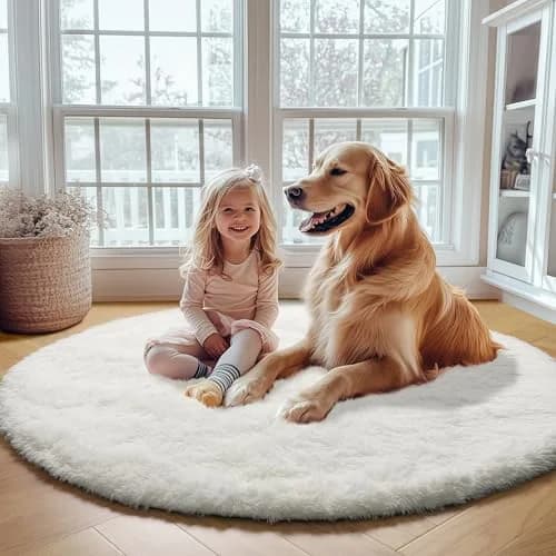 ONASAR Cream White Round Area Rug 6ft | Fluffy Plush Floor Mat for Kids & Home (100-120c) thumbnail 9