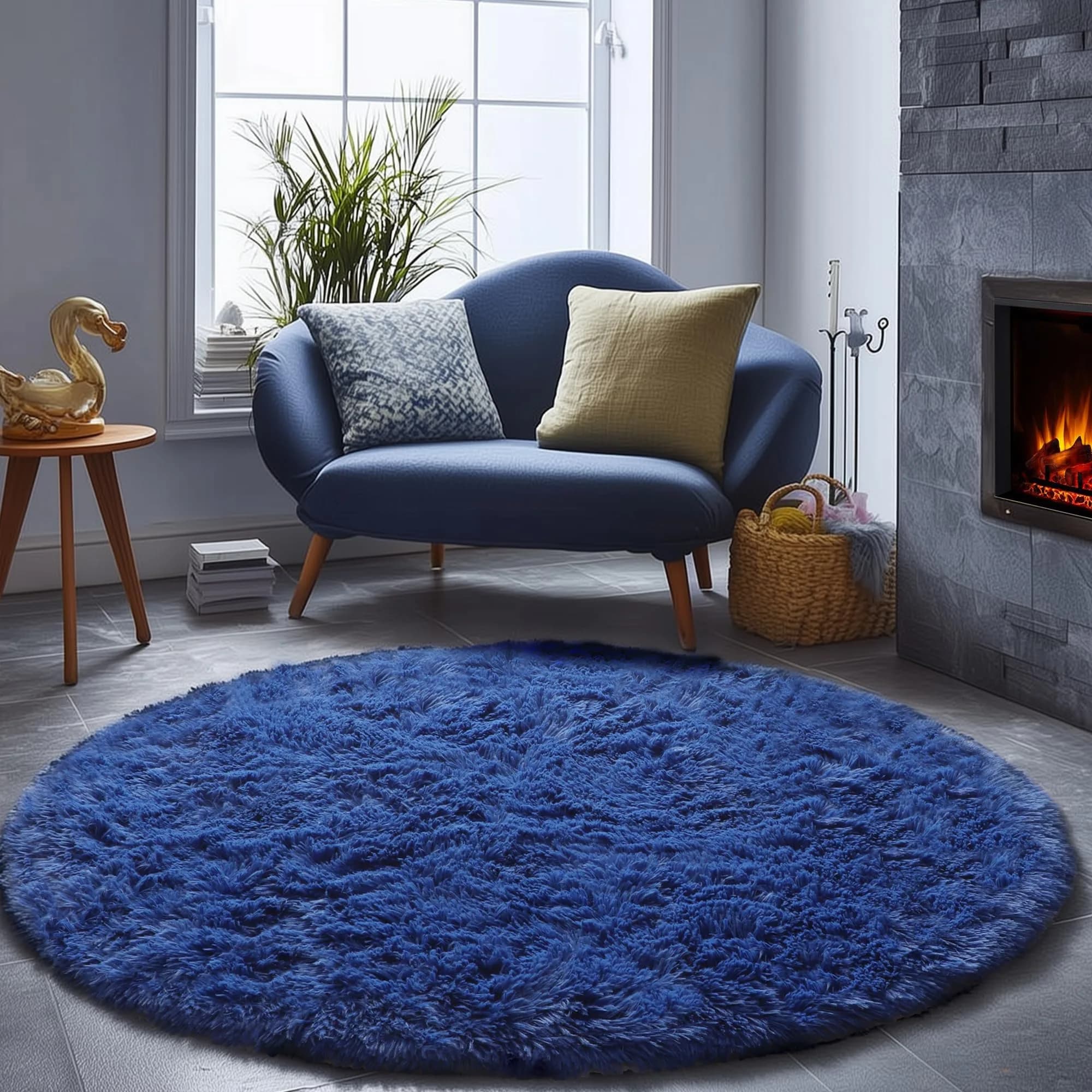 ONASAR Navy Blue Round Area Rug 5ft | Ultra Soft Plush Floor Mat for Kids & Living Room