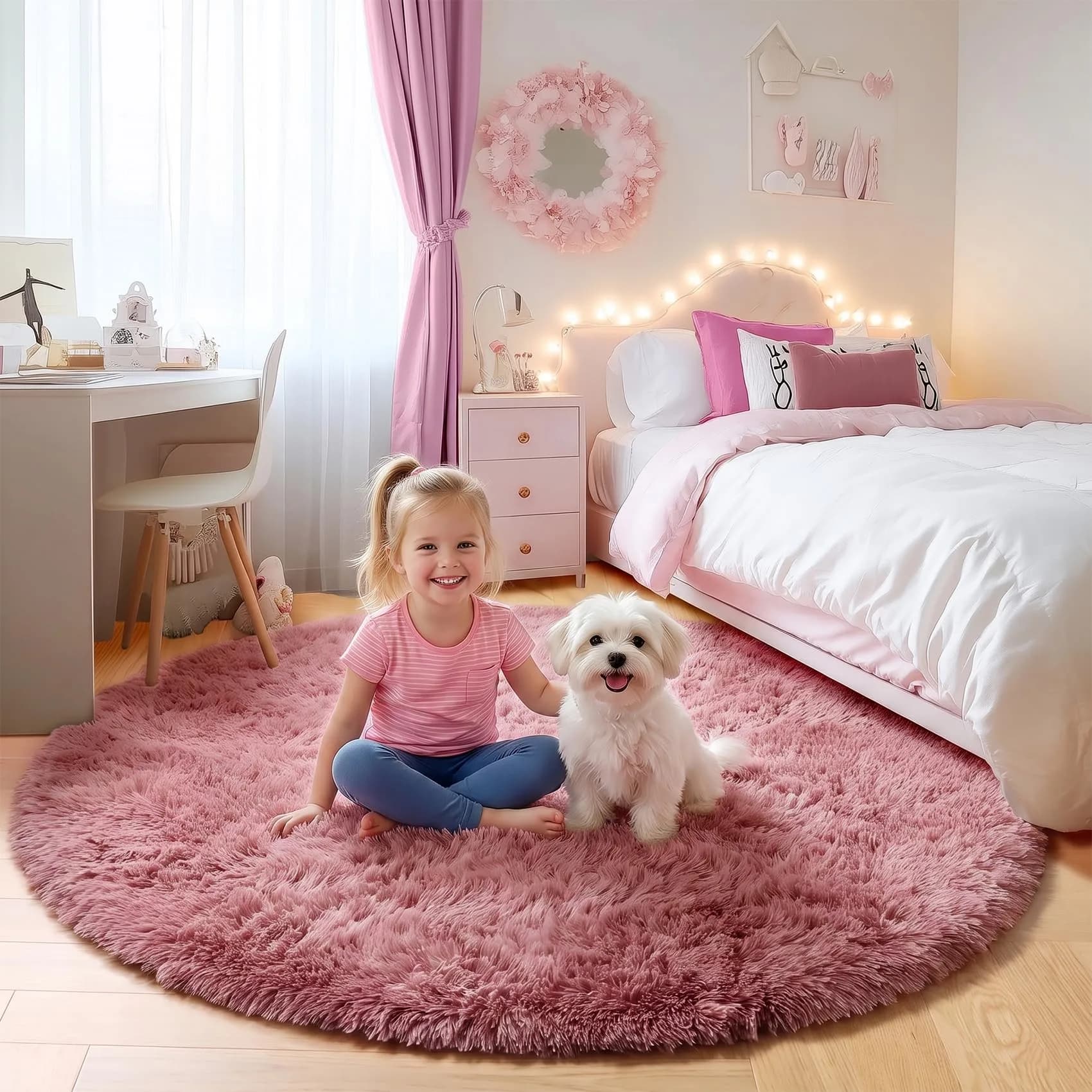 ONASAR Blush Round Area Rug 5ft | Plush Bedroom Circle Mat for Kids & Home (100-120c)