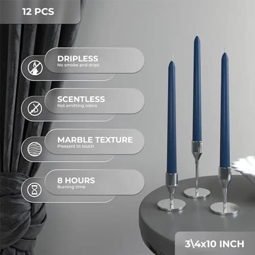 CANDWAX 10 inch Tapered Candles Set of 12 Unscented Dripless Dark Blue | Elegant Dinner & Decor thumbnail 3