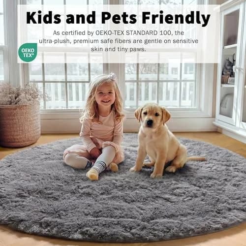 ONASAR Grey Fluffy Round Rug 4ft | Soft Plush Non-Slip Circle Area Rug for Bedroom & Living Room thumbnail 5