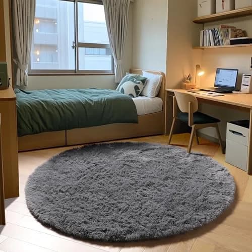 ONASAR Grey Fluffy Round Rug 4ft | Soft Plush Non-Slip Circle Area Rug for Bedroom & Living Room thumbnail 3
