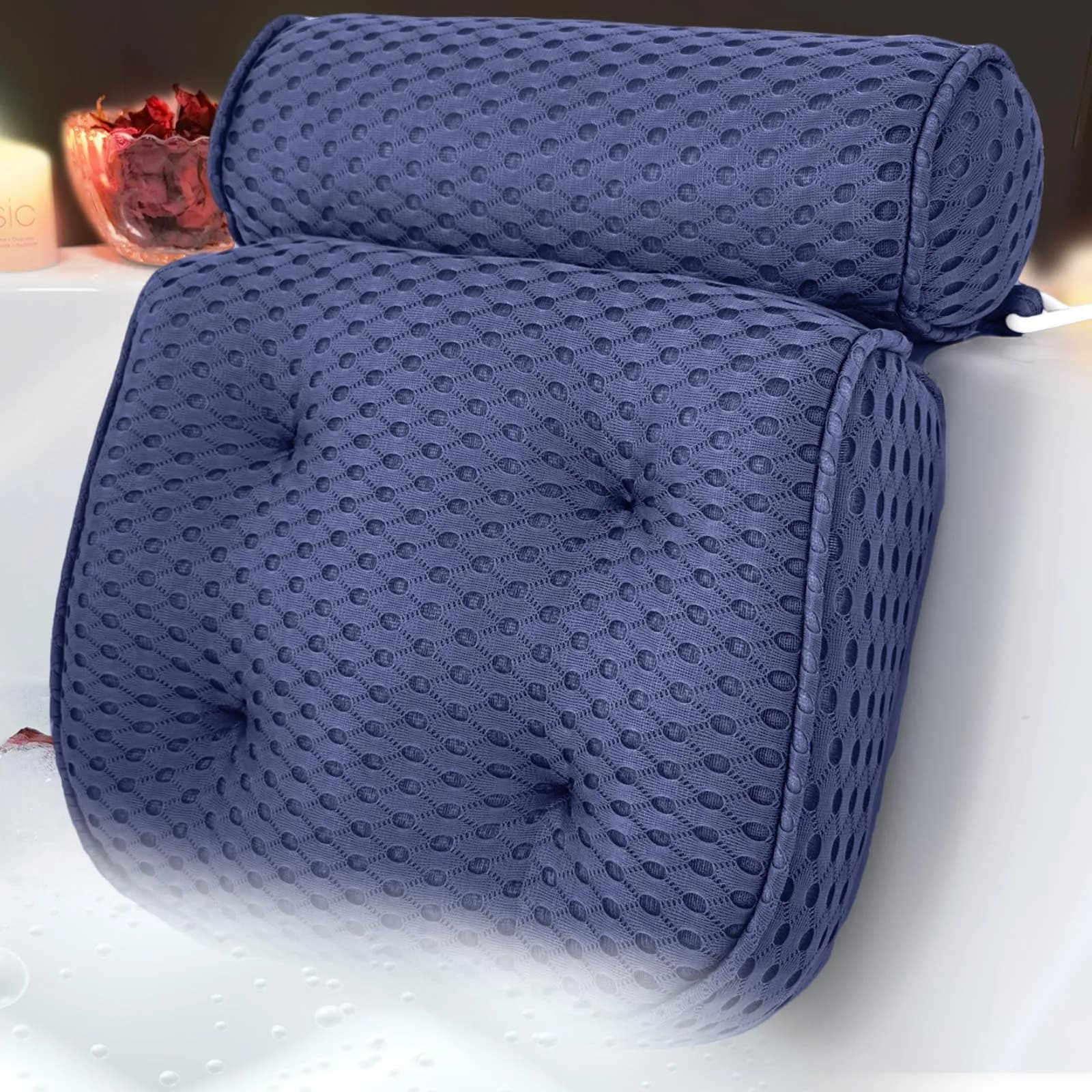 AEROiVi Luxury Bath Pillow for Tub | Soft Mesh, 6 Strong Suction Cups, Blue — Denim
