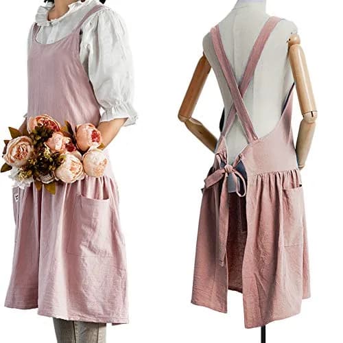 NEWGEM Japanese Cotton Cross Back Pinafore Apron for Women with Pockets Pink 80cm (31.5in) | Breathable Linen Blend for Kitchen & Art thumbnail 1