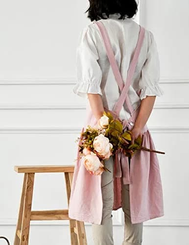 NEWGEM Japanese Cotton Cross Back Pinafore Apron for Women with Pockets Pink 80cm (31.5in) | Breathable Linen Blend for Kitchen & Art thumbnail 4