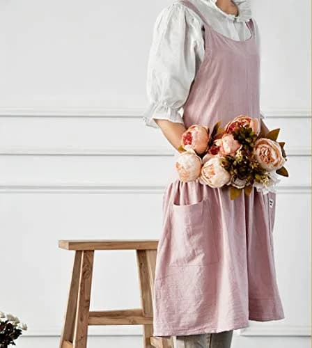 NEWGEM Japanese Cotton Cross Back Pinafore Apron for Women with Pockets Pink 80cm (31.5in) | Breathable Linen Blend for Kitchen & Art thumbnail 2