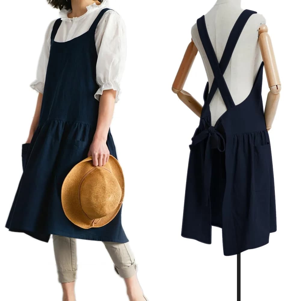 NEWGEM Japanese Cotton Cross Back Pinafore Apron for Women with Pockets Navy | Breathable Linen Blend — 12 - Navy Blue With Waist Ties