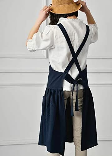 NEWGEM Japanese Cotton Cross Back Pinafore Apron for Women with Pockets Navy | Breathable Linen Blend thumbnail 4