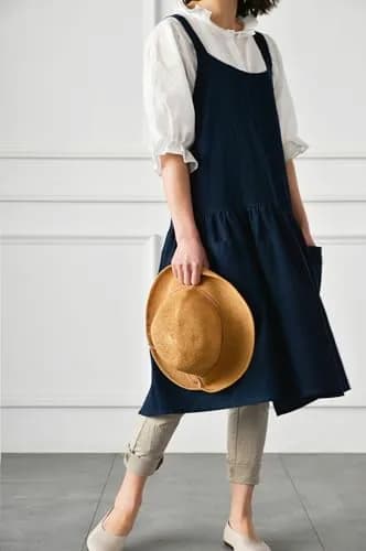 NEWGEM Japanese Cotton Cross Back Pinafore Apron for Women with Pockets Navy | Breathable Linen Blend thumbnail 6