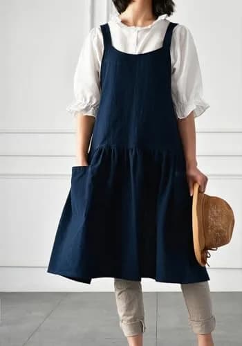 NEWGEM Japanese Cotton Cross Back Pinafore Apron for Women with Pockets Navy | Breathable Linen Blend thumbnail 2