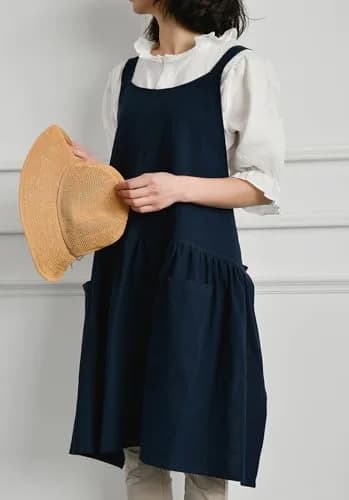 NEWGEM Japanese Cotton Cross Back Pinafore Apron for Women with Pockets Navy | Breathable Linen Blend thumbnail 3