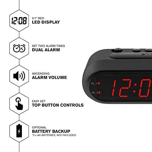 Sharp Digital Alarm Clock for Heavy Sleepers, Dual Alarm, Red LED, Black | Ascending Loud Alarm thumbnail 2