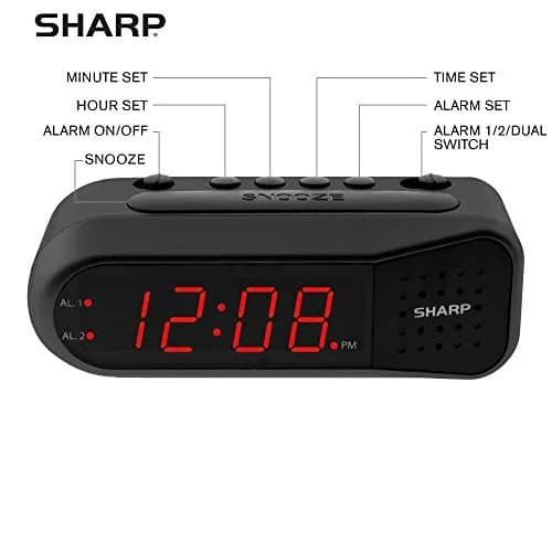 Sharp Digital Alarm Clock for Heavy Sleepers, Dual Alarm, Red LED, Black | Ascending Loud Alarm thumbnail 3
