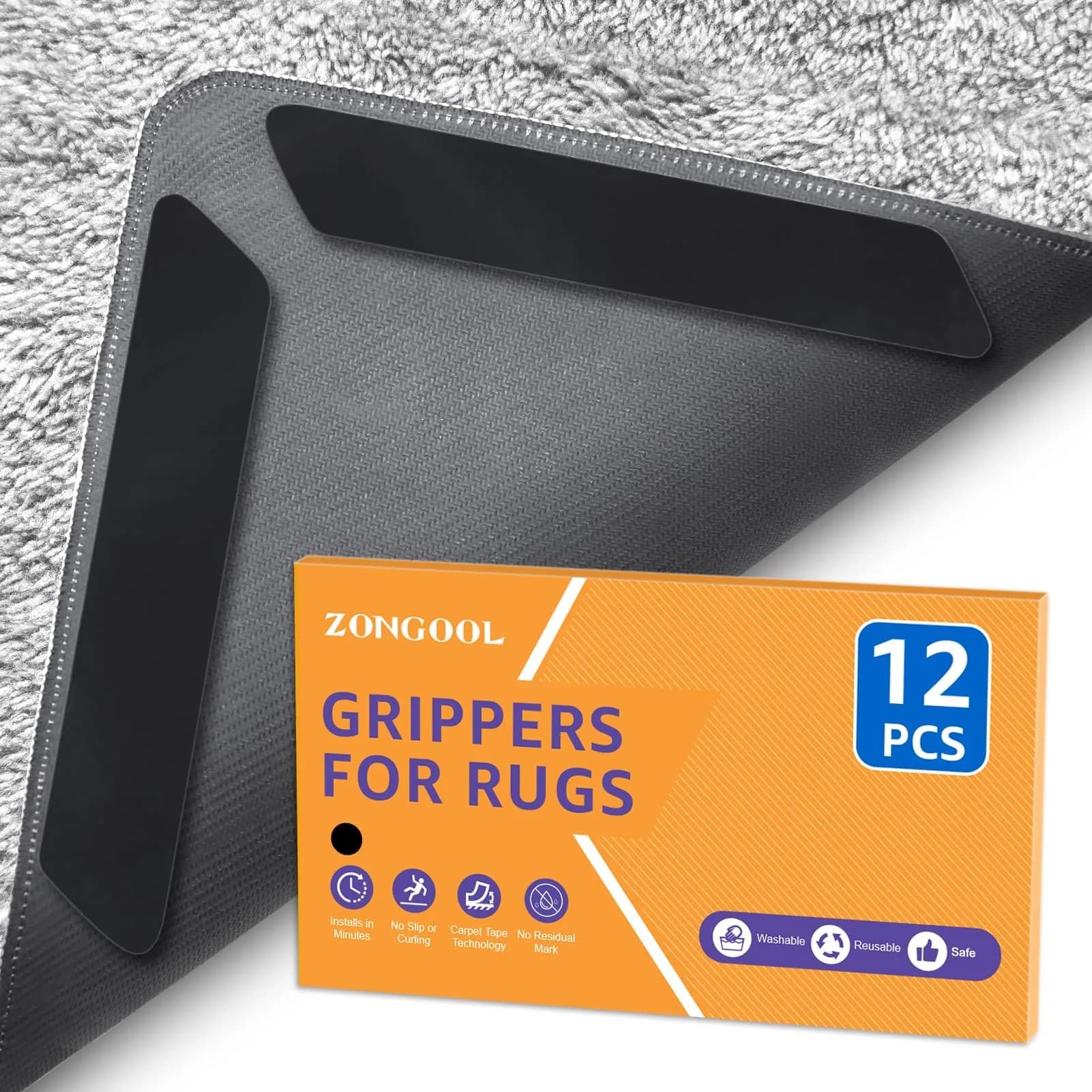 ZONGOOL 12PCS Rug Tape Non Slip Rug Pad Grippers 16cm (6.3 inches) | Keeps Rugs Flat & Secure — Black