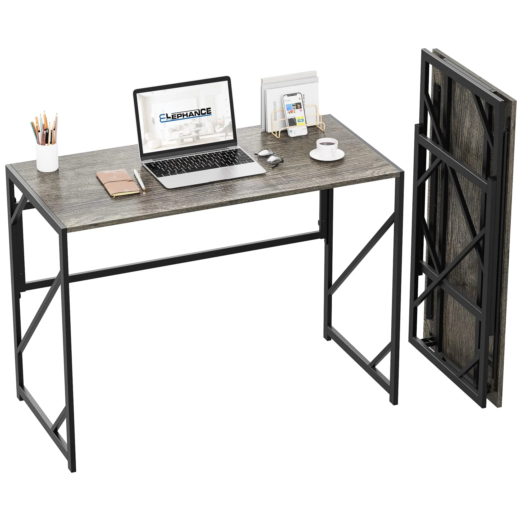 Elephance Folding Desk for Home Office | No Assembly Needed, 39.4 Inch, Black Oak
