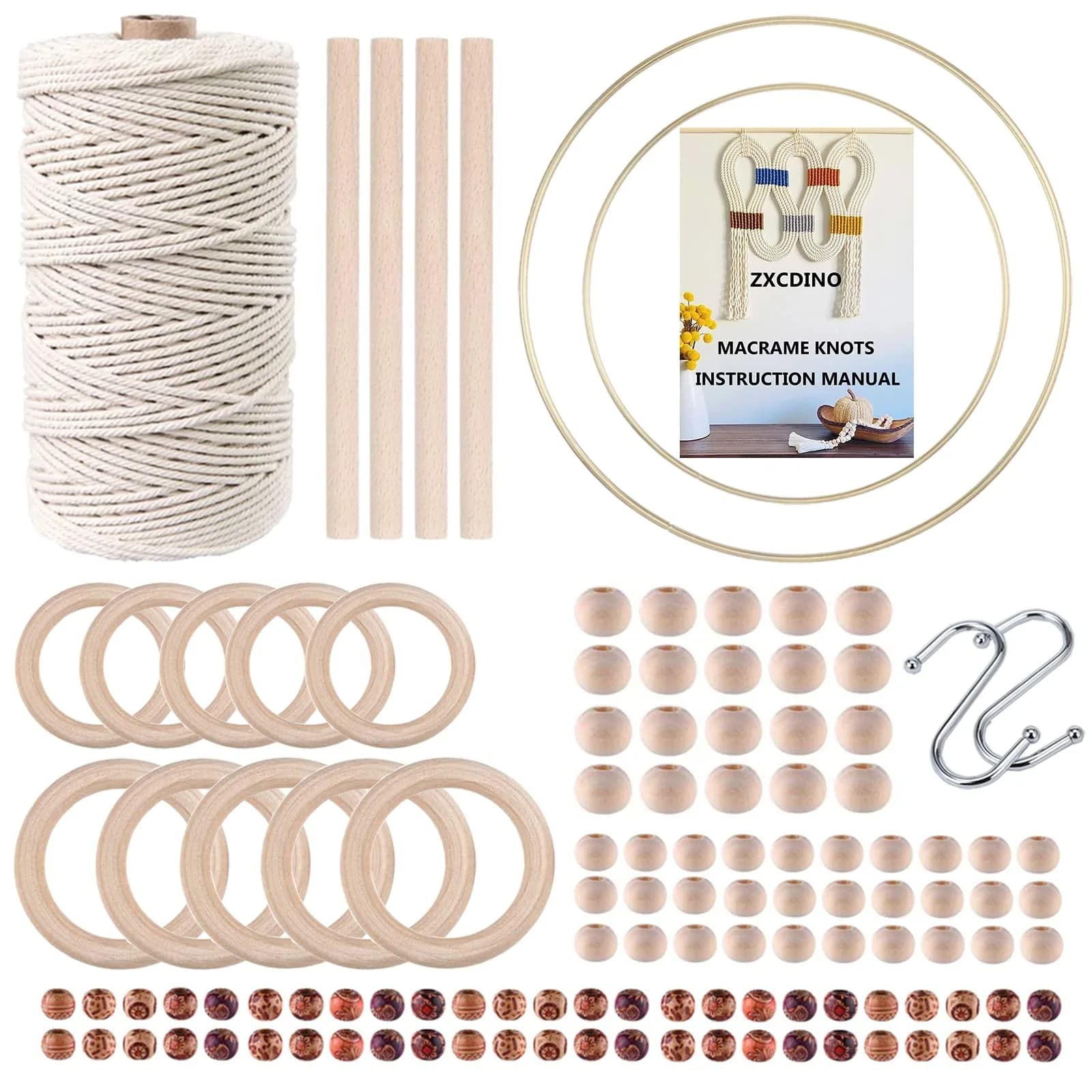ZXCDINO 152pcs Macrame Kit for Beginners: Natural Cotton Cord, Wooden & Metal Rings, Beads & Hoops for Home Decor — 3mm x 109yards set-119pcs