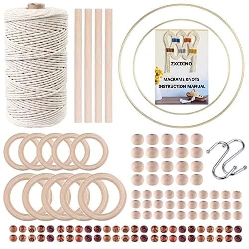 ZXCDINO 119pcs Macrame Kits for Starter 3mm x 109Yards Natural Cotton Macrame Cord with Wooden Beads & Rings thumbnail 1