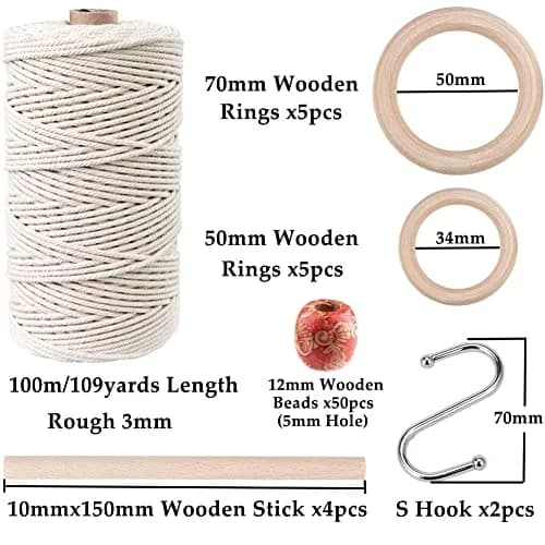 ZXCDINO 119pcs Macrame Kits for Starter 3mm x 109Yards Natural Cotton Macrame Cord with Wooden Beads & Rings thumbnail 2