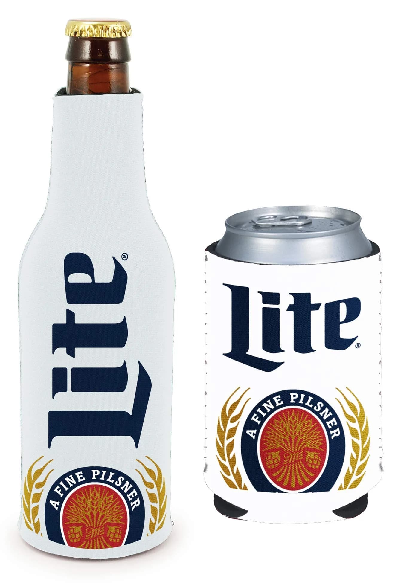Kolder Bud Light Dilly Dilly Beer Coolie Insulator Sleeve Holder Huggie Can & Bottle Set (Large, Foam/Neoprene) — Miller Lite Pilsner