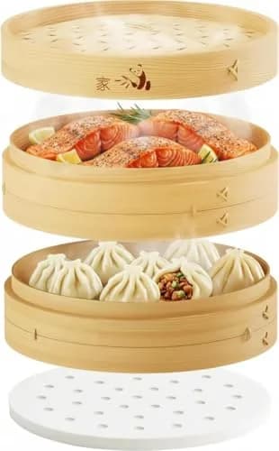 Prime Home Direct Bamboo Steamer Basket 30 cm (12 Inch) 2-Tier with Lid, 50 Liners, Chopsticks & Sauce Dish | Authentic Asian Steaming for Home Cooks thumbnail 1