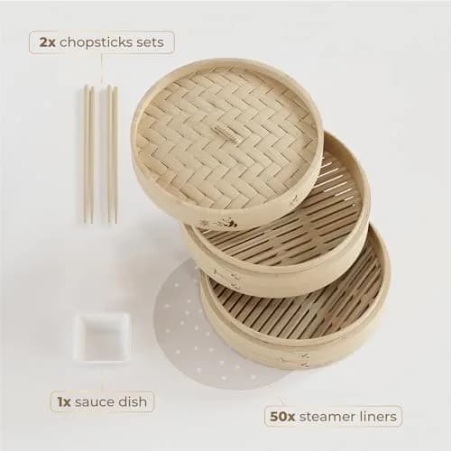 Prime Home Direct Bamboo Steamer Basket 30 cm (12 Inch) 2-Tier with Lid, 50 Liners, Chopsticks & Sauce Dish | Authentic Asian Steaming for Home Cooks thumbnail 6