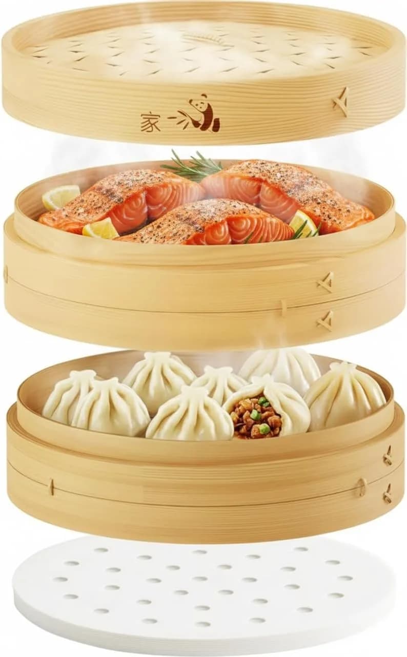 Prime Home Direct Bamboo Steamer Basket 30 cm (12 Inch) 2-Tier with Lid, 50 Liners, Chopsticks & Sauce Dish | Authentic Asian Steaming for Home Cooks