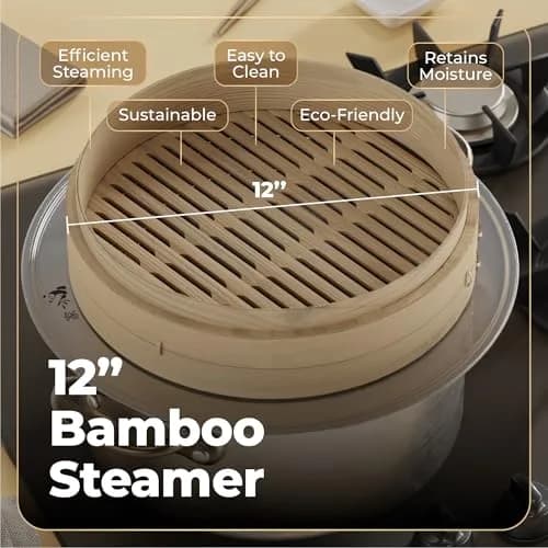 Prime Home Direct Bamboo Steamer Basket 30 cm (12 Inch) 2-Tier with Lid, 50 Liners, Chopsticks & Sauce Dish | Authentic Asian Steaming for Home Cooks thumbnail 3