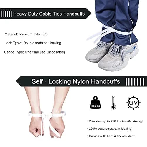 VAMRONE Heavy Duty Zip Tie Handcuffs Restraint 250 lbs Tensile Strength | Pack of 10 White thumbnail 4