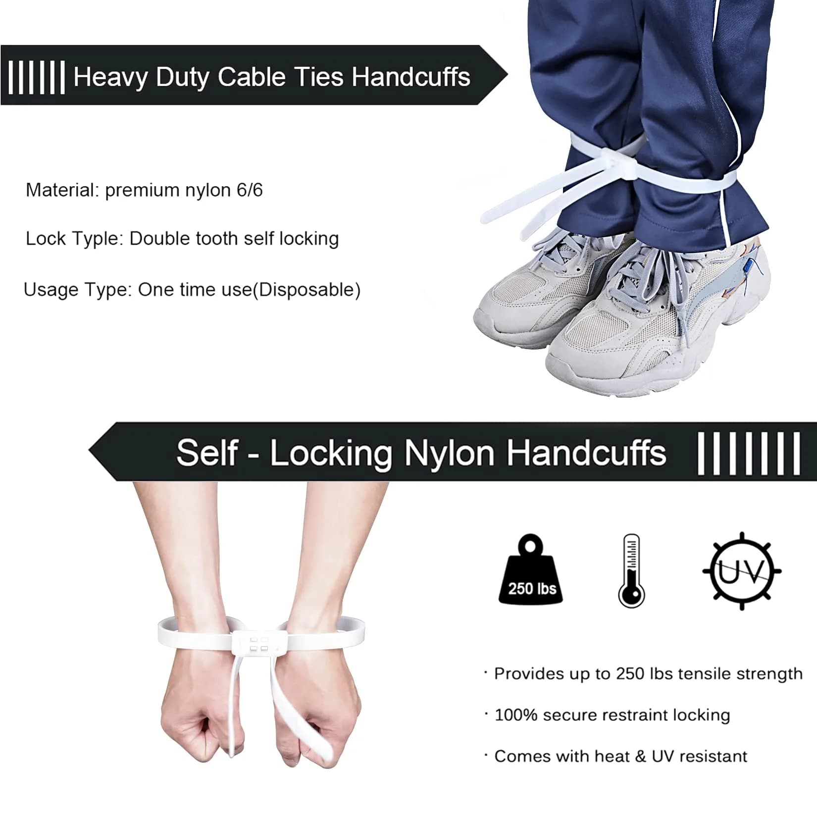 VAMRONE Heavy Duty Zip Tie Handcuffs Restraint 250 lbs Tensile Strength | Pack of 10 White - view 4
