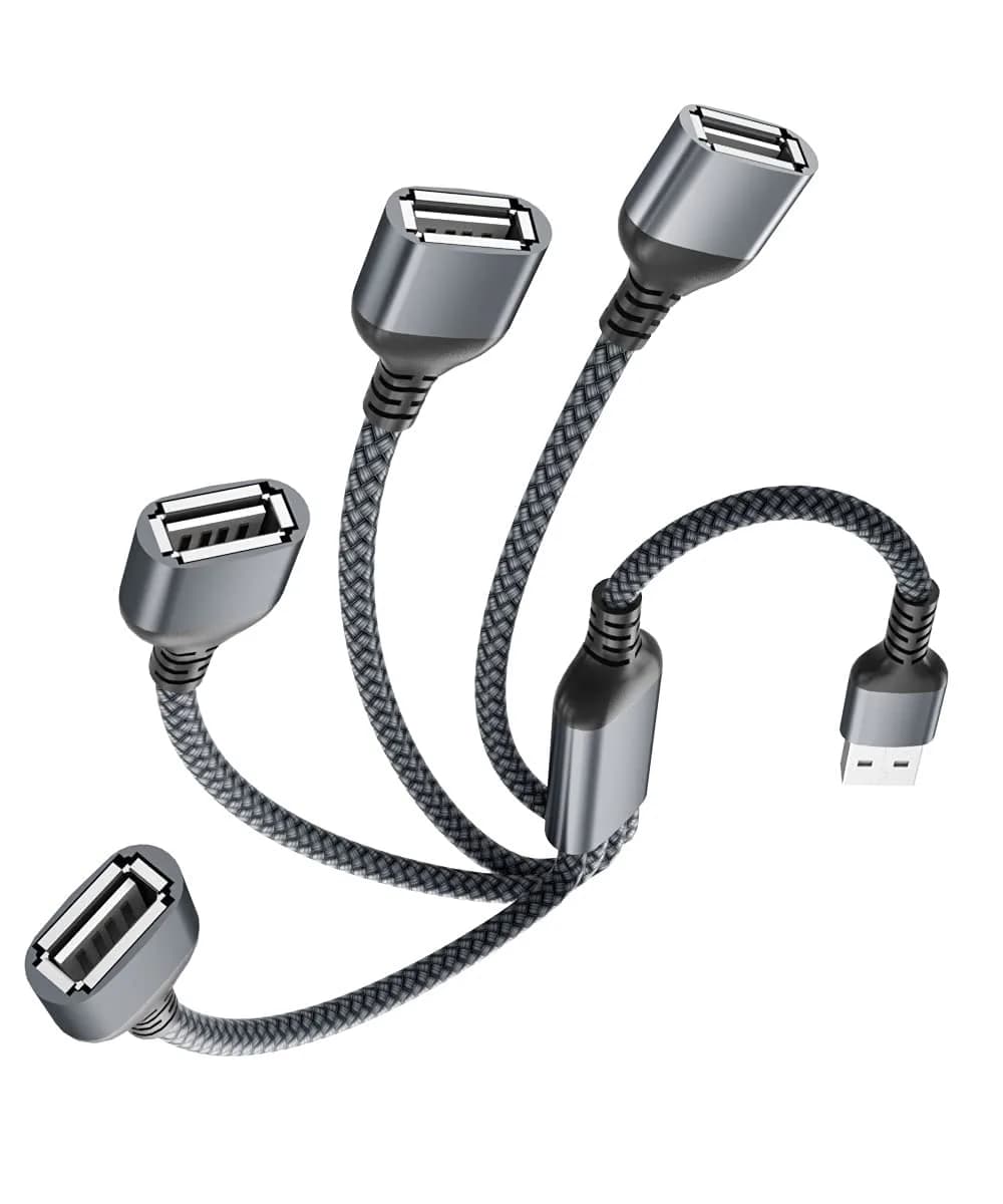Elebase 4-Port USB-A Splitter Y Cable 0.3m (1ft) | Connect 4 Peripherals Instantly — Grey