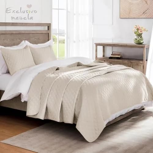Exclusivo Mezcla Reversible Full Queen Quilt Bedding Set Beige Cream | Lightweight Breathable All-Season Bed Coverlet thumbnail 2