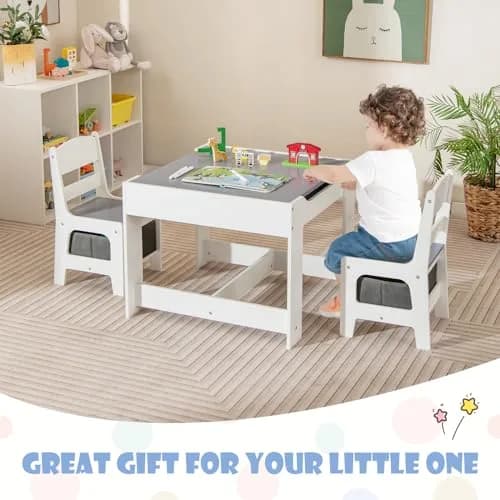 HONEY JOY Kids Table and Chairs Set 24.5x24.5x19 inches | Reversible Tabletop with Storage for Toddlers 3-7 thumbnail 9