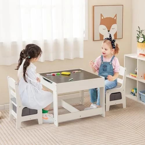 HONEY JOY Kids Table and Chairs Set 24.5x24.5x19 inches | Reversible Tabletop with Storage for Toddlers 3-7 thumbnail 2