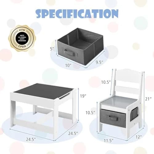 HONEY JOY Kids Table and Chairs Set 24.5x24.5x19 inches | Reversible Tabletop with Storage for Toddlers 3-7 thumbnail 3