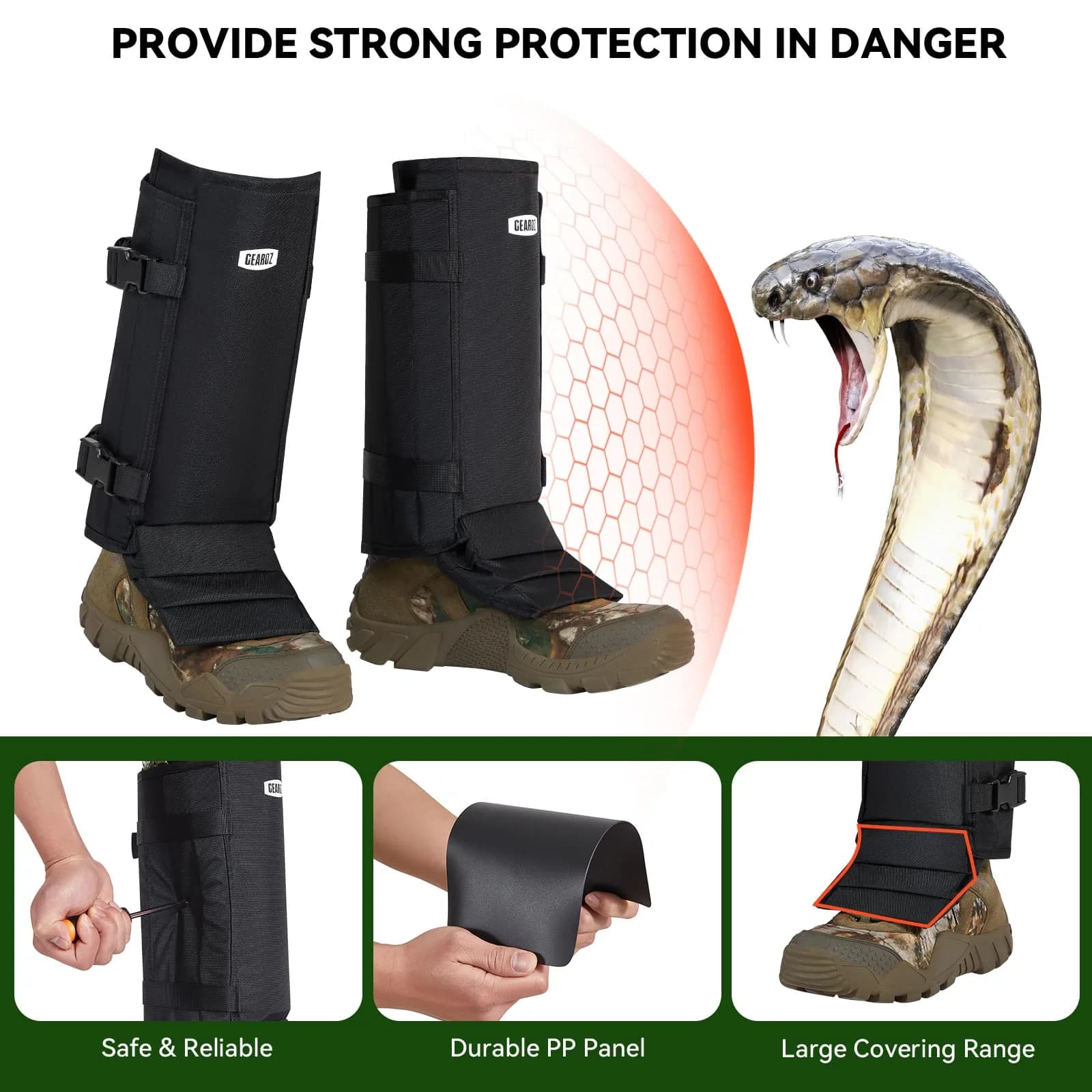 GearOZ Snake Gaiters Chaps Black | Durable Lower Legs Anti-Snake Bite Guards for Hiking & Hunting - view 3