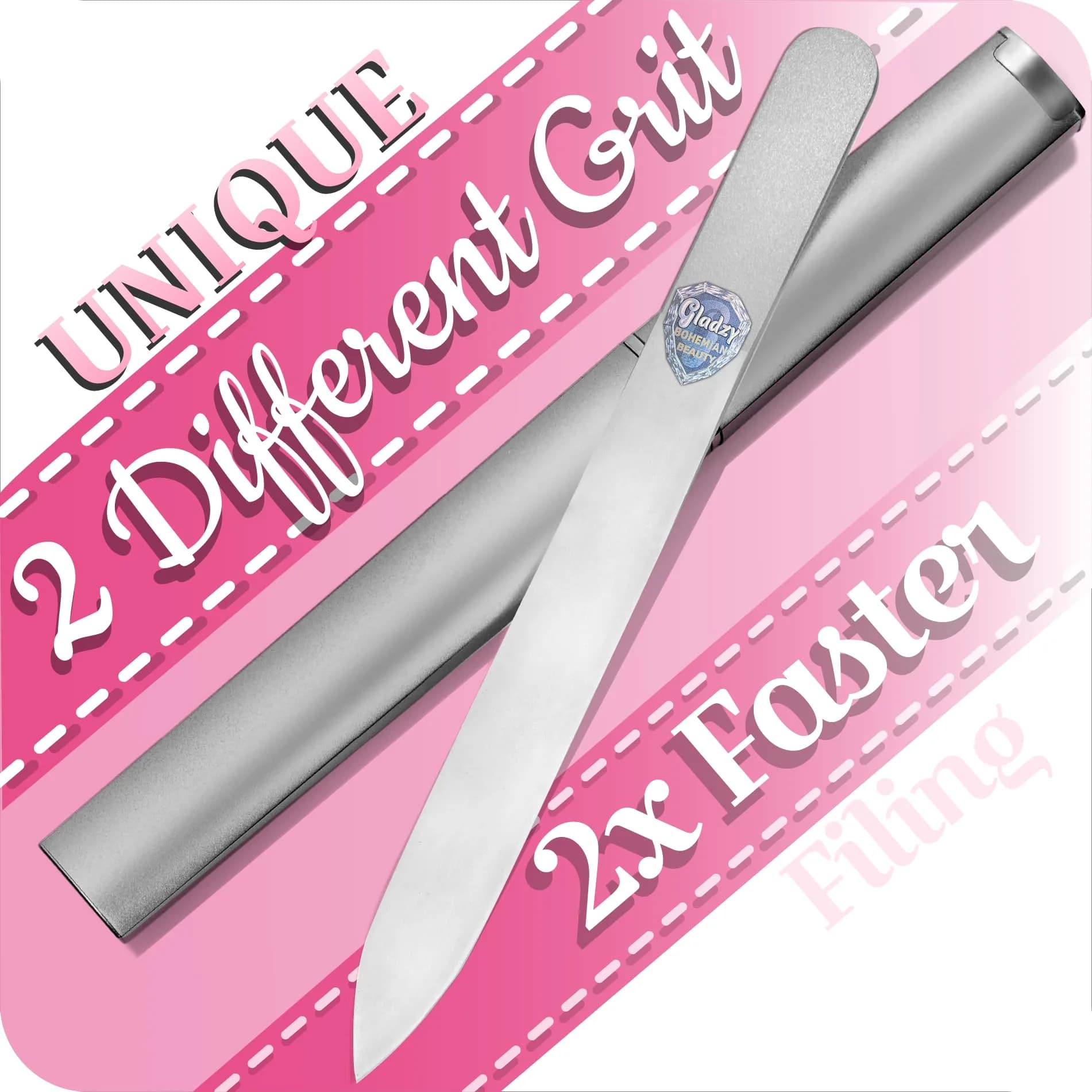 Gladzy Czech Glass Nail File with Case – Double Sided Crystal Nail File for Natural Nails, Dual Grit Coarse & Smooth Sides, Etched Bohemian Glass Manicure Tool, Professional Care, Ethically Made in EU — Pearl Silver
