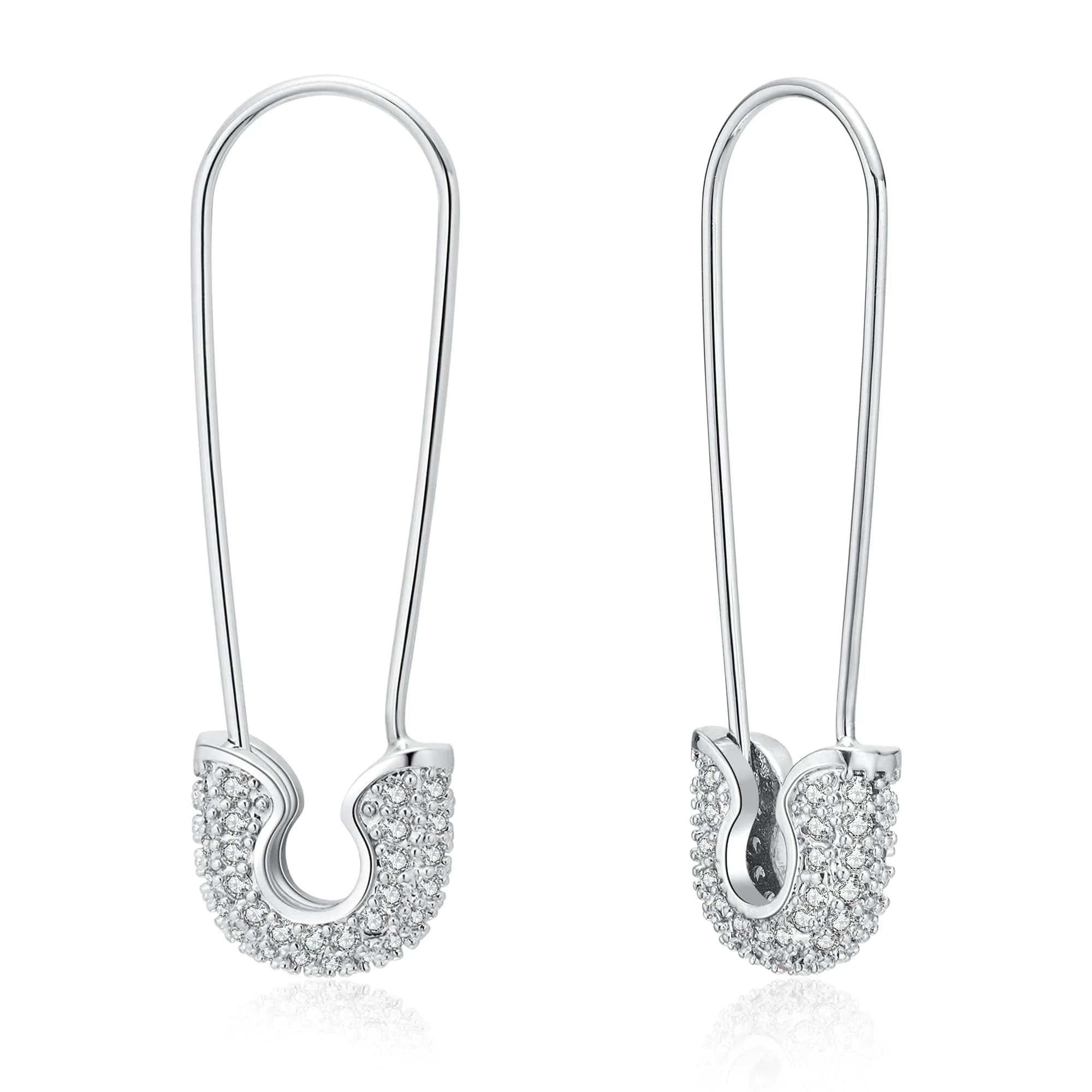 SANNYRA Silver Safety Pin Earrings for Women | Minimalist Dangle Hoop Paper Clip — 02 Silver-Diamond
