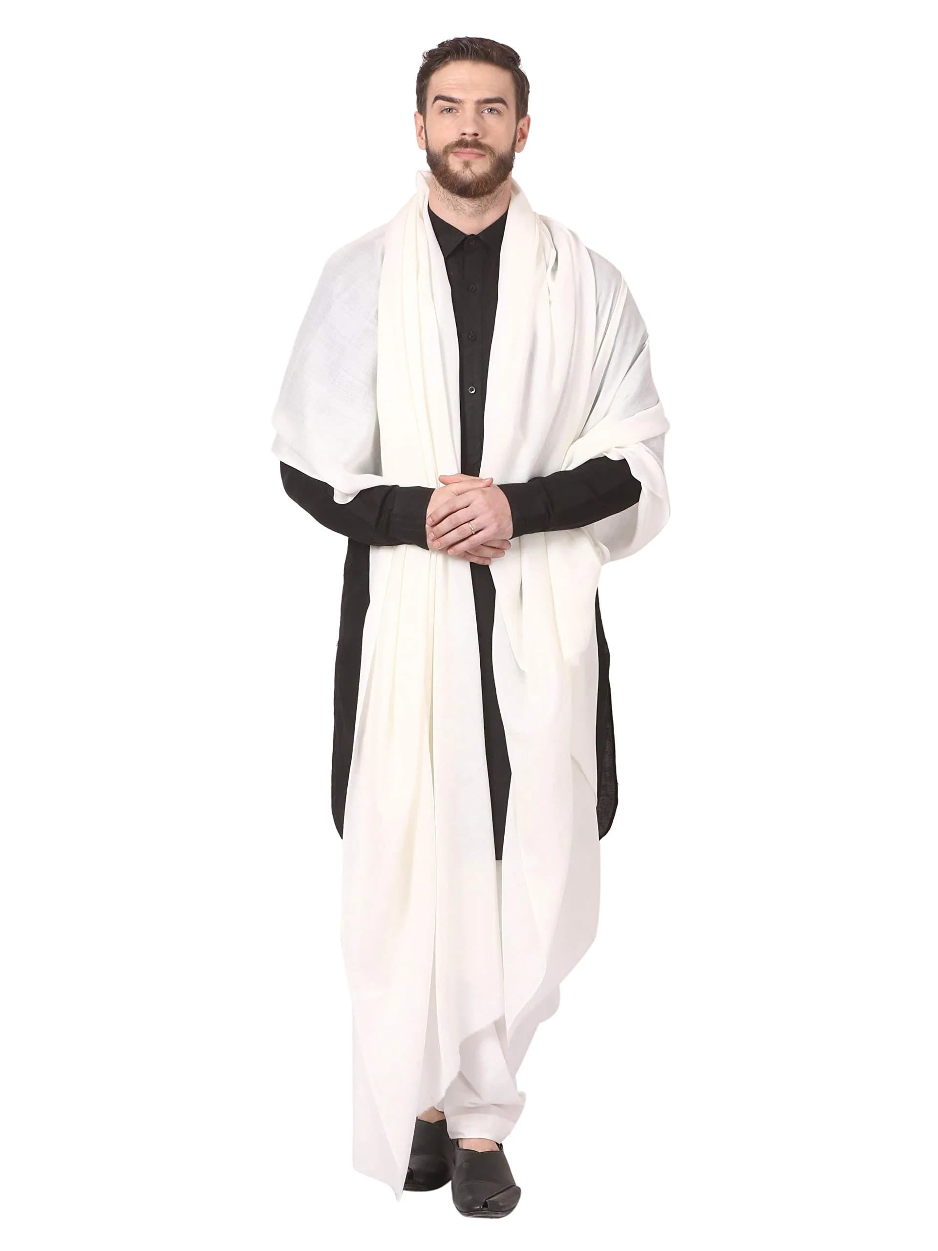 Pashtush Men's Blended Wool Ring Shawlweight Shawl 138 x 274 cm White | Soft Australian Merino Wool - view 4