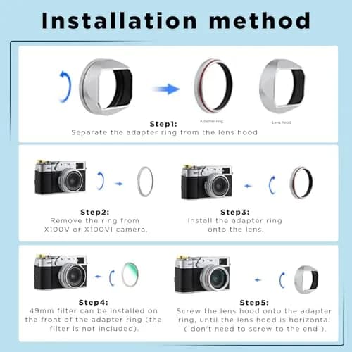 Haoge LH-X54W Square Metal Lens Hood with 49mm Adapter Ring for Fujifilm X100VI Fuji X100V Camera Silver | Blocks stray light, protects lens thumbnail 7