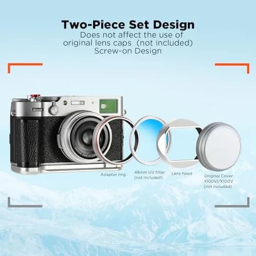 Haoge LH-X54W Square Metal Lens Hood with 49mm Adapter Ring for Fujifilm X100VI Fuji X100V Camera Silver | Blocks stray light, protects lens thumbnail 3