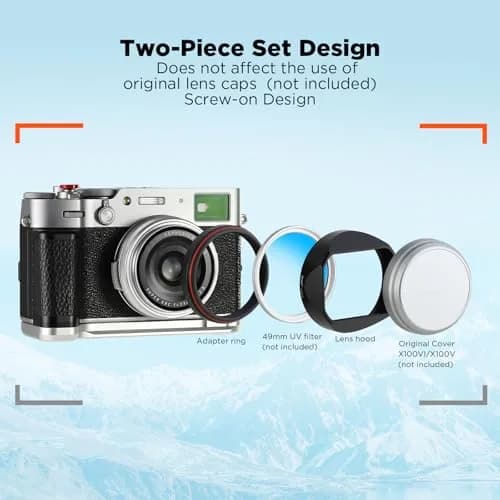 Haoge LH-X54W Square Metal Lens Hood with 49mm Adapter Ring for Fujifilm X100VI Fuji X100V Camera Silver | Blocks stray light, protects lens thumbnail 4