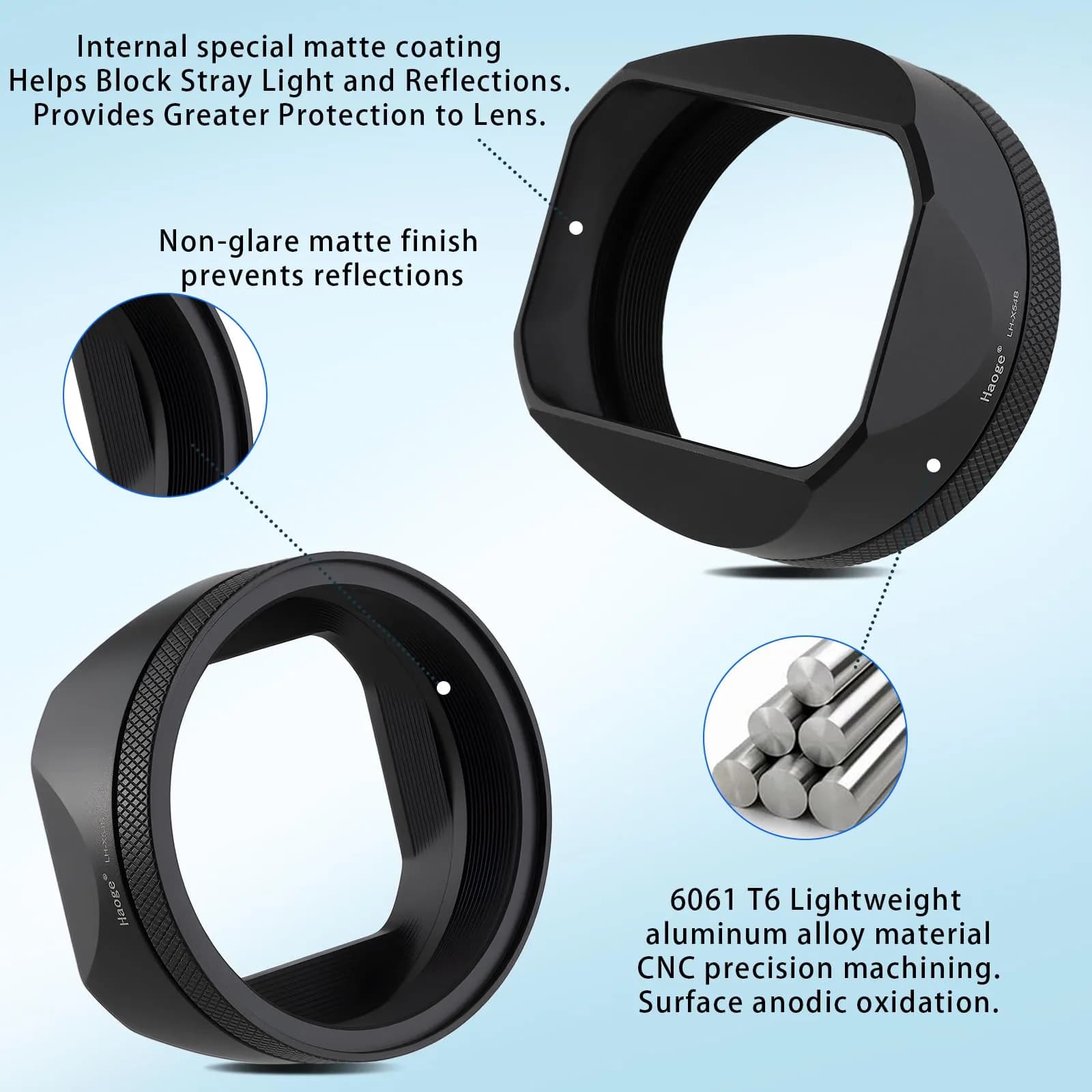 Haoge LH-X54W Square Metal Lens Hood with 49mm Adapter Ring for Fujifilm X100VI Fuji X100V Camera Silver | Blocks stray light, protects lens - view 5