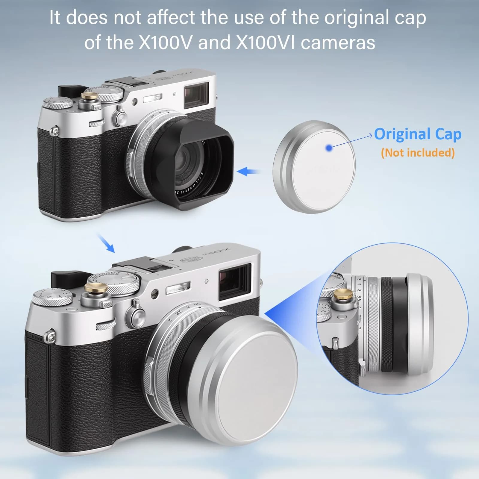Haoge LH-X54W Square Metal Lens Hood with 49mm Adapter Ring for Fujifilm X100VI Fuji X100V Camera Silver | Blocks stray light, protects lens - view 8