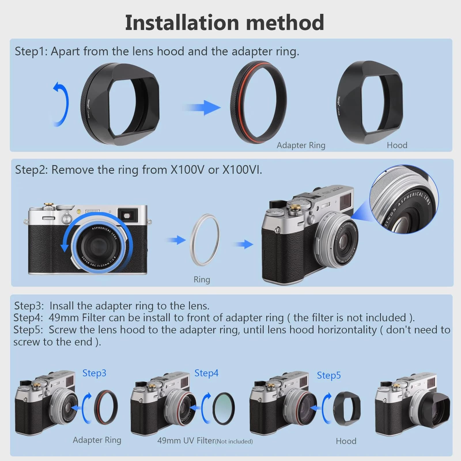 Haoge LH-X54W Square Metal Lens Hood with 49mm Adapter Ring for Fujifilm X100VI Fuji X100V Camera Silver | Blocks stray light, protects lens - view 9