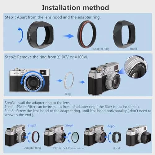 Haoge LH-X54W Square Metal Lens Hood with 49mm Adapter Ring for Fujifilm X100VI Fuji X100V Camera Silver | Blocks stray light, protects lens thumbnail 9